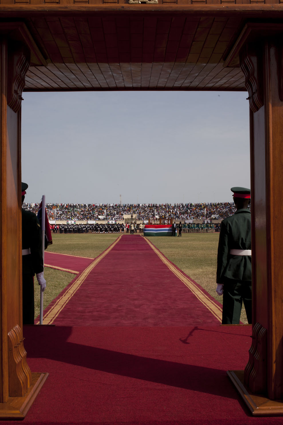 The red carpet to the podium where President Barrow is sworn in, Bakau Stadium © Helen Jones-Florio