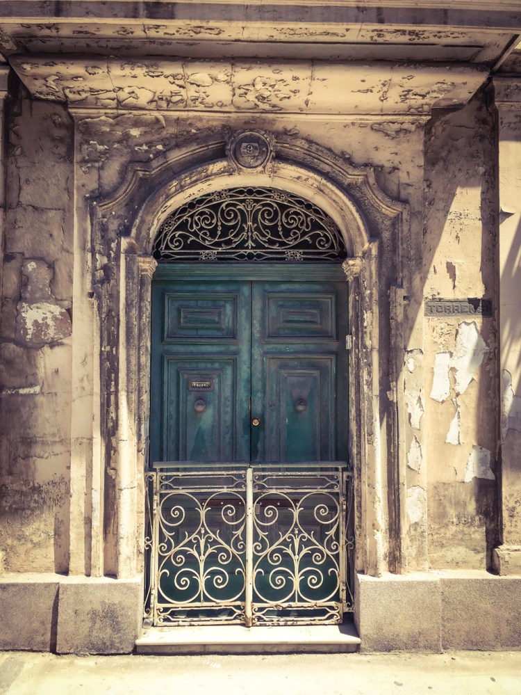 Ornate wrought iron and vintage green/blue door, Triq San Pawl, Bormla, Malta ©Helen Jones-Florio