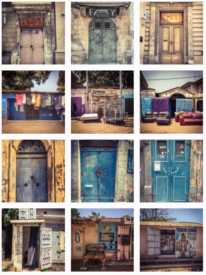 Montage of doors and storefronts from The Gambia, West Africa, and the Mediterranean island of Malta. Images ©Helen Jones-Florio