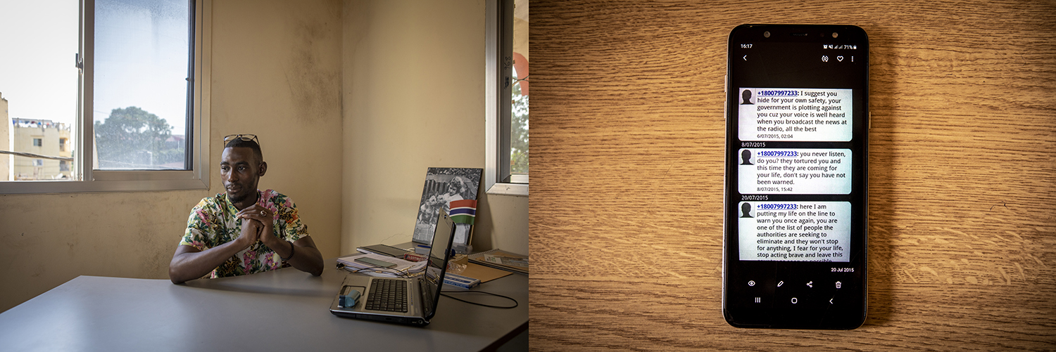 Photoville, NYC, FENCE winner - colour portrait of Gambian Alhagie Abdoulie Ceesay, Taranga FM radio journalist, sitting in his office, with text message on his phone from 'Gambia - victims, and resisters' ©Jason Florio/Helen Jones-Florio