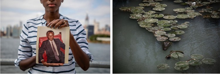 Cap Prize Winners 2021 - L: A young Gambian woman holds a photograph of her father, with the New York skyline in the background. R: crocodiles swimming in a pool beneath lily pads Images ©Jason Florio