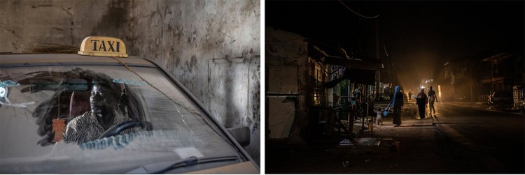 CAP Prize Winners 2021: (L) A man sits behind the wheel of his disused taxi - seen through the windscreen. (R) A nighttime street view, with people walking, silhouetted against street lights. Images © Jason Florio / Helen Jones-Florio 'Gambia-victims, and resisters'