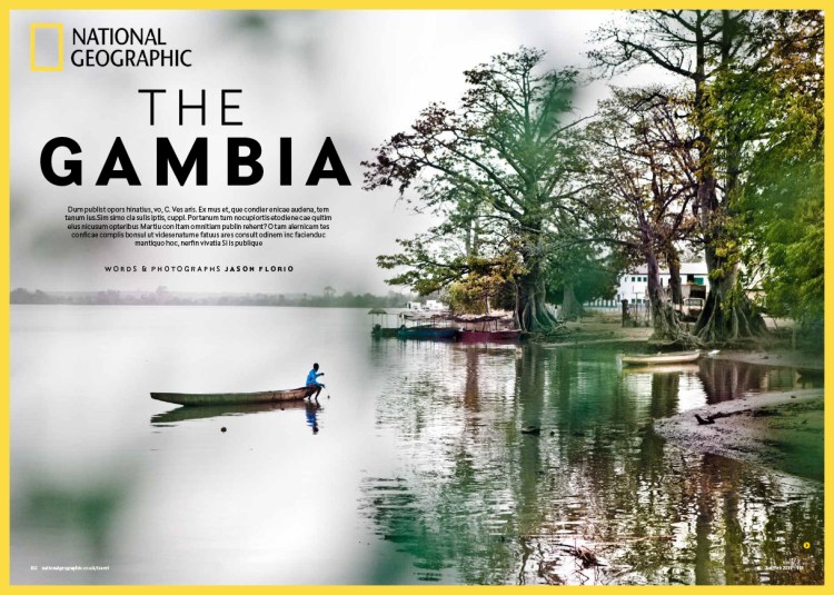National Geographic Traveller - opening page depicting a young boy fishing from a dug out canoe, in the early morning, on the River Gambia, The Gambia, West Africa. Image ©Jason Florio