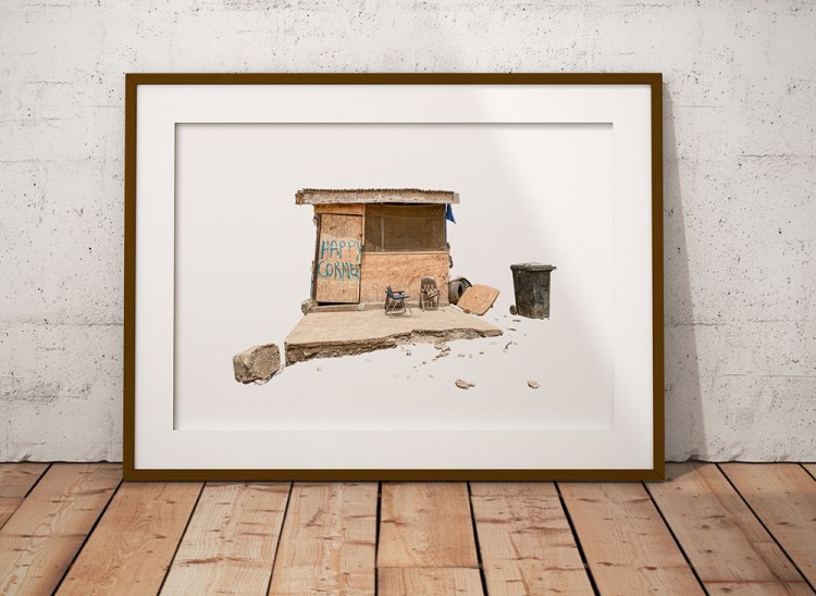 African Doors: framed photography print of the facade a local bar, on a stark white background. Image © Helen Jones-Florio