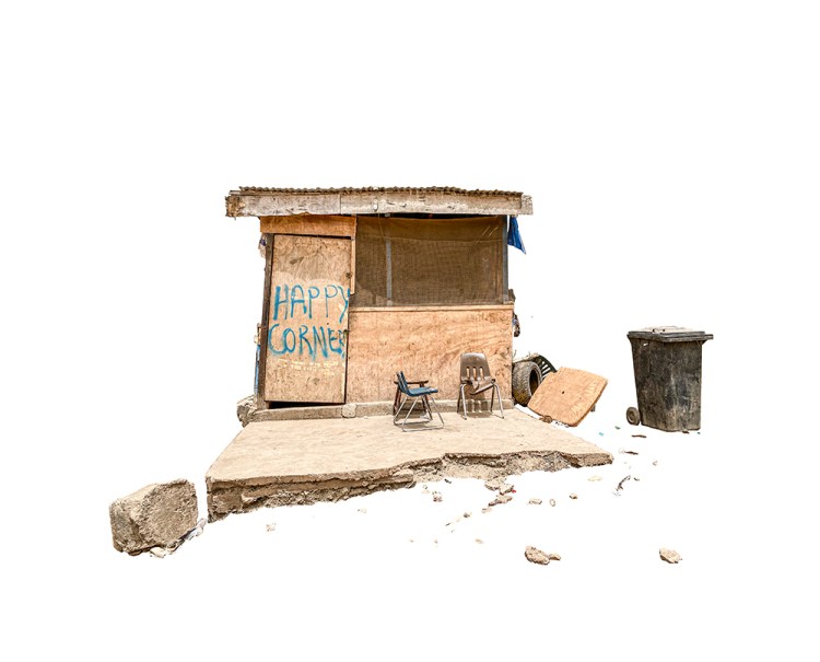 African Doors:photography print of the facade a local bar, on a stark white background. Image © Helen Jones-Florio