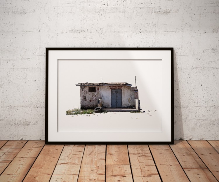 Photography Prints - African Doors by Helen Jones-Florio - mock up of a framed print of a storefront in The Gambia, West Africa