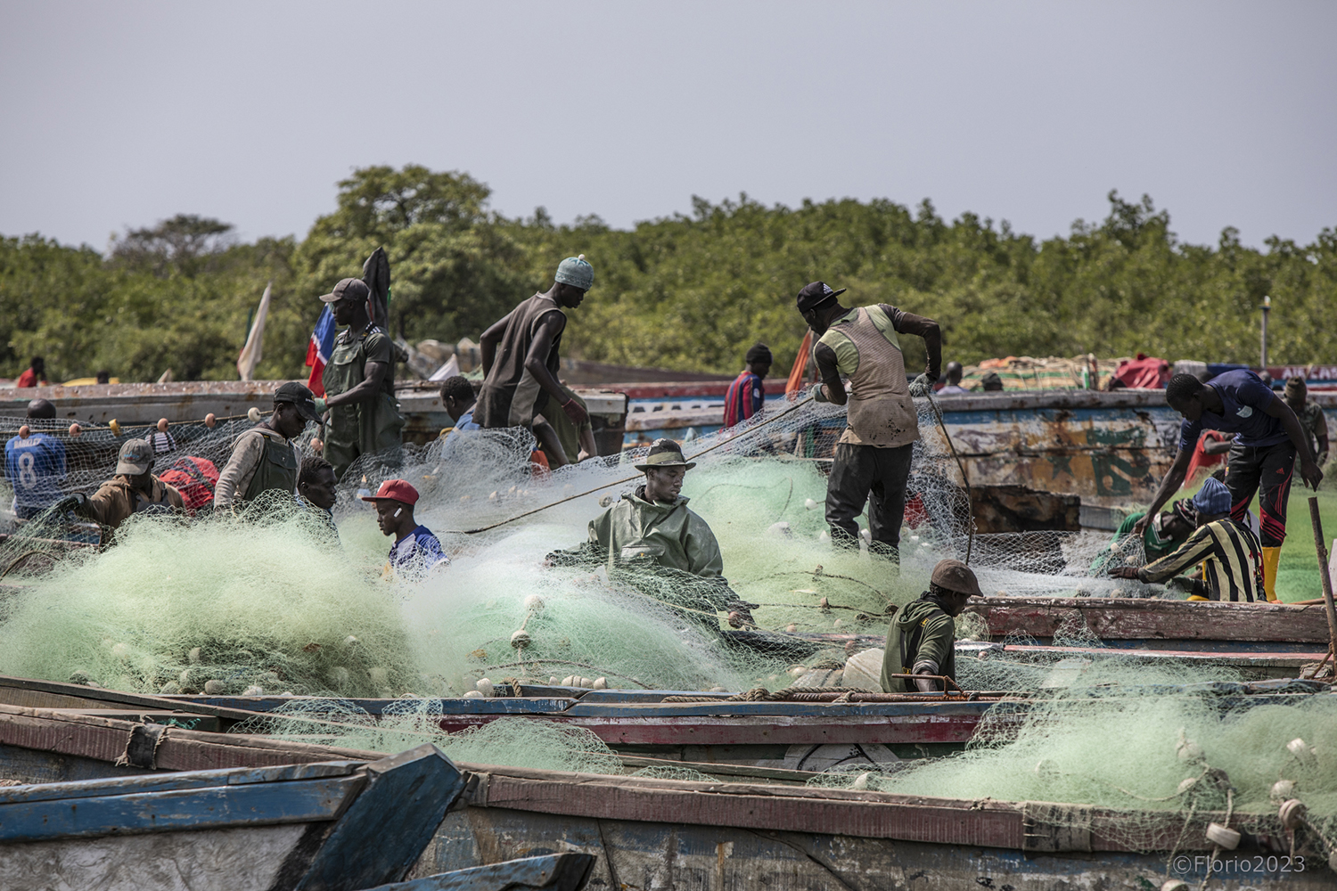 Fishermen working on their nets on fishing boats ( pirogues), The Gambia, West Africa. Image ©Jason Florio